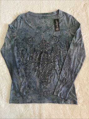 Greensource Blue Embellished V-Neck Long Sleeve Top  Ladies SZ M  NWT